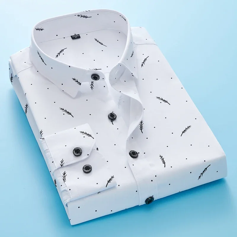 Feather Print Men Casual Shirt 2020 Spring Autumn Long Sleeve Slim Business Shirt High Quality Formal Office Buttons Shirt Homme - Image 2