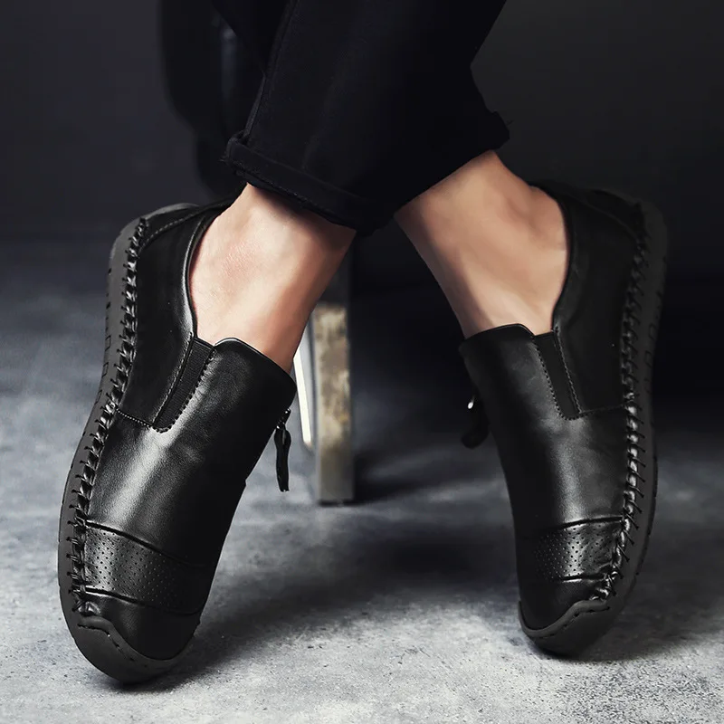 Handmade Men Casual Shoes Outdoor Leather Shoes Soft Sole Zipper Men Shoes Slip on Driving Shoe High Quality Breathable Loafers - Image 6