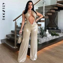 BoozRey 2024 Sexy Hipster Jumpsuit Women Shiny Summer Hollow Cirque Knot Halter Backless Elegant Midnight Trend Workout Overalls