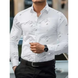 Men's White Base Line Print Long Sleeve Shirt Casual All Season Home Out Friend Party Gentleman Fashion Top