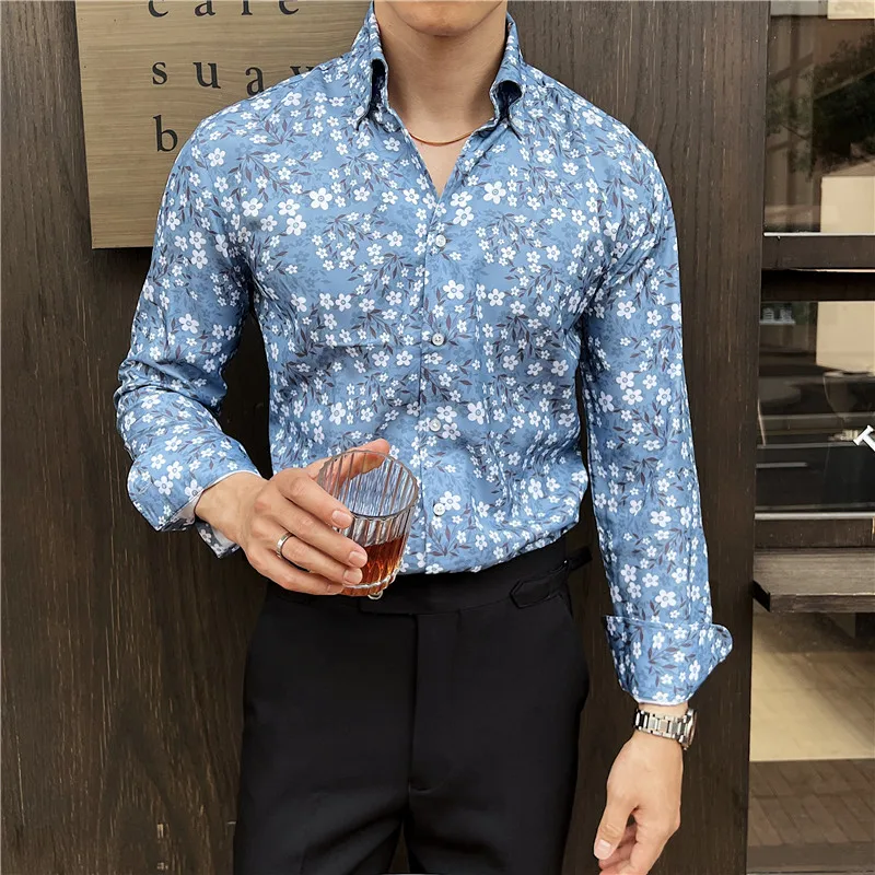 Men Printed Shirt 2025 Autumn Style British Style Long Sleeved V-neck Fashion Casual Slim Fit Shirt High-quality Men Clothing - Image 3