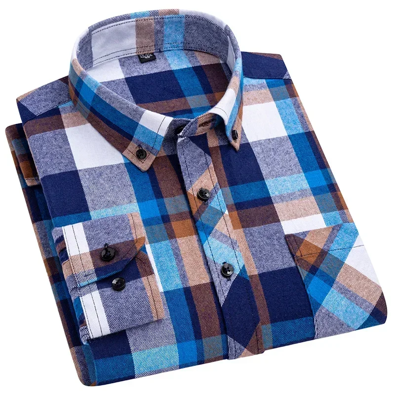 Autumn Winter Standard-Fit Thick Flannel Plaid Shirts for Men Long Sleeve Pure Cotton Shirt Patch Pocket Design Streetwear - Image 3