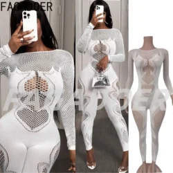 FAGADOER Y2K Sexy Hollow Out Bodycon Jumpsuit Women See Though Long Sleeve One Piece Rompers Female Clubwear Overalls 2025 New