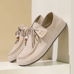 Khaki Split Suede Low-top Boots Casual Loafers Soft Sole Shoes with Lace-up Shoes for Men's Autumn
