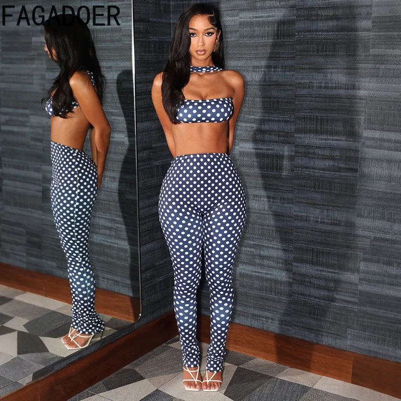 FAGADOER Fashion Polka Dot Print Two Piece Sets Women Sleeveless Backless Tube And Skinny - Image 3