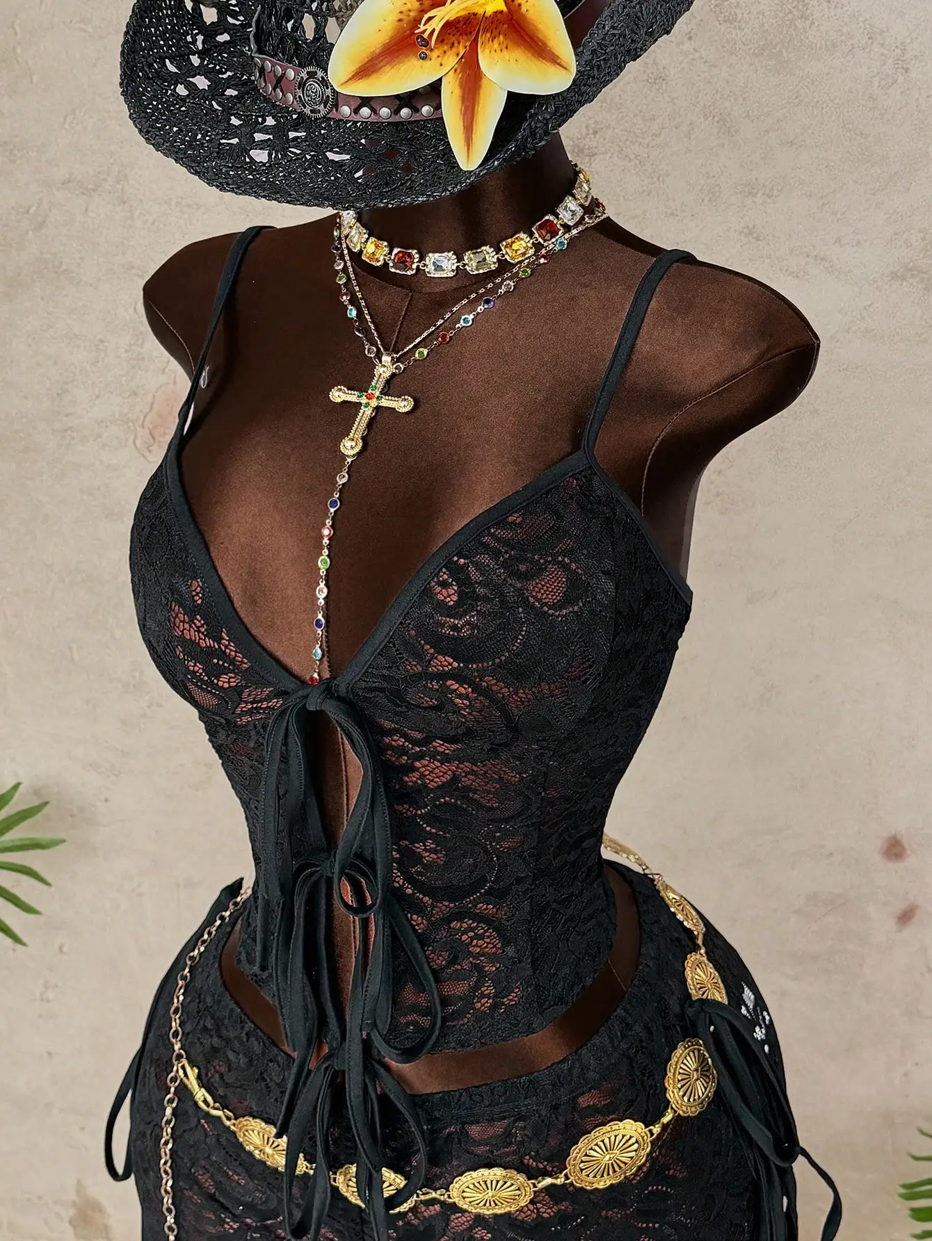 Plus Size Sexy Black Lace 2 Piece Outfit, Deep V Neck Tie‑Front Cami Top And Drawstring Side Shorts Set, Y2K Nightclub Party Bod - Image 2