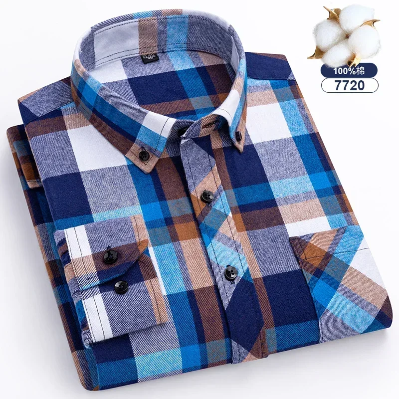 Autumn Winter Standard-Fit Thick Flannel Plaid Shirts for Men Long Sleeve Pure Cotton Shirt Patch Pocket Design Streetwear - Image 9