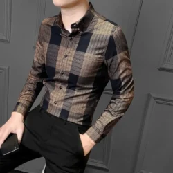 Grid Men's Long Sleeve Shirt Casual Wrinkle-Free Shirt Trendy Slim Fit Top