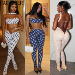 FAGADOER Fashion Polka Dot Print Two Piece Sets Women Sleeveless Backless Tube And Skinny