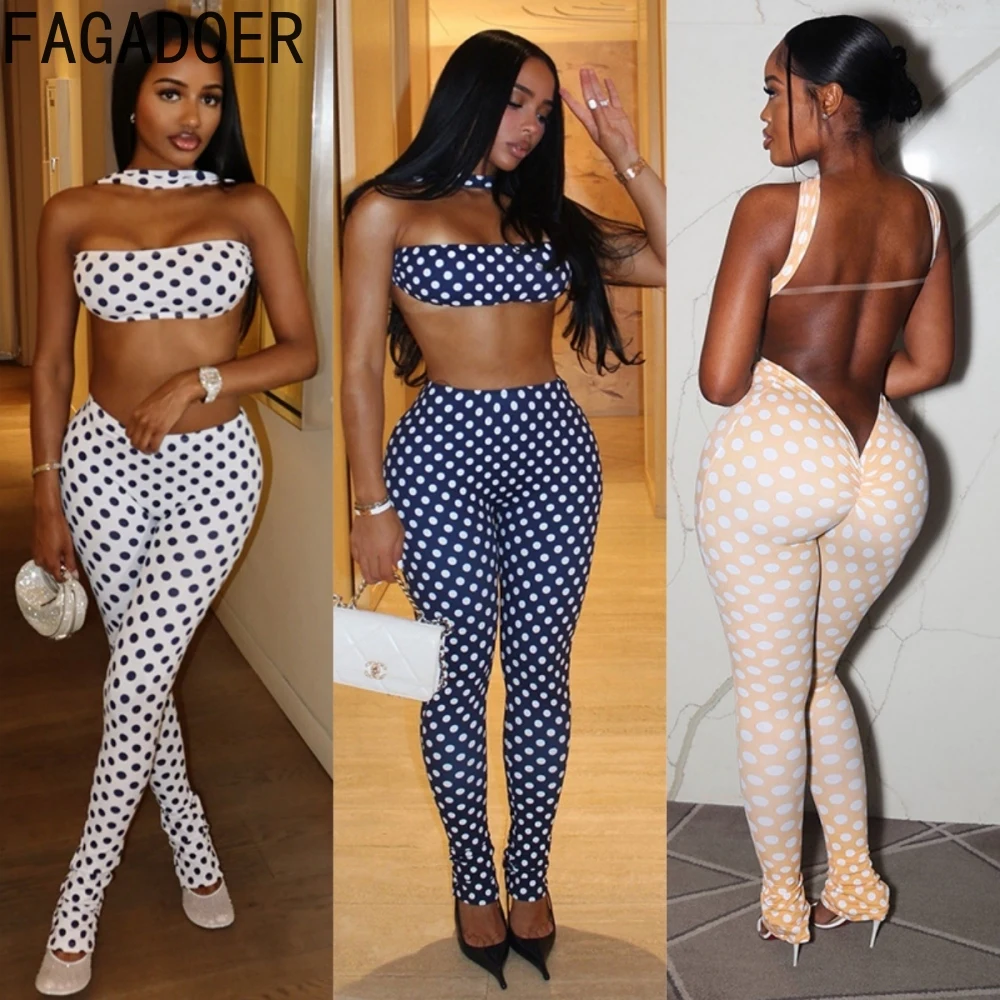 FAGADOER Fashion Polka Dot Print Two Piece Sets Women Sleeveless Backless Tube And Skinny