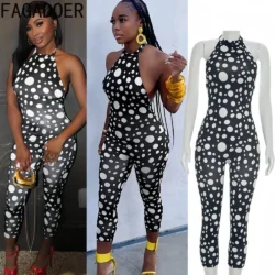 FAGADOER Spring Summer New Sexy Polka Dot Print Jumpsuits Woman Halter Sleeveless Backless Bodycon Rompers Female Streetwear