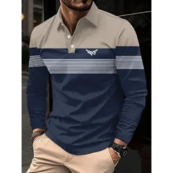 New striped lapel long-sleeved men's T-shirt, new spring and autumn casual top, men's polo shirt