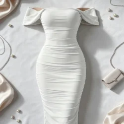 Women's Solid Color Casual Knee-Length Skirt Dress Fashionable Sexy One-Neck Waist Tight Dress Elegant A-Line Mid-Thigh Length