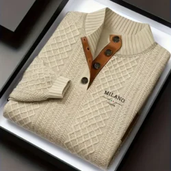 Men's Autumn Winter Stand Collar Knitted Sweater Casual Mature Fashionable All-over Patterned Crew Neck Pullover