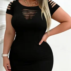 Plus Size Slim Fit Mini Dress for Women with Hollow Short Sleeved Elastic Slim Fit Solid Color Sexy Fashionable Party Date Dress