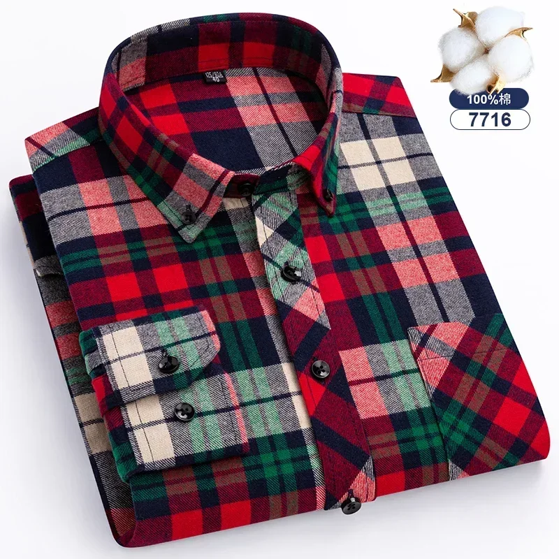 Autumn Winter Standard-Fit Thick Flannel Plaid Shirts for Men Long Sleeve Pure Cotton Shirt Patch Pocket Design Streetwear - Image 15