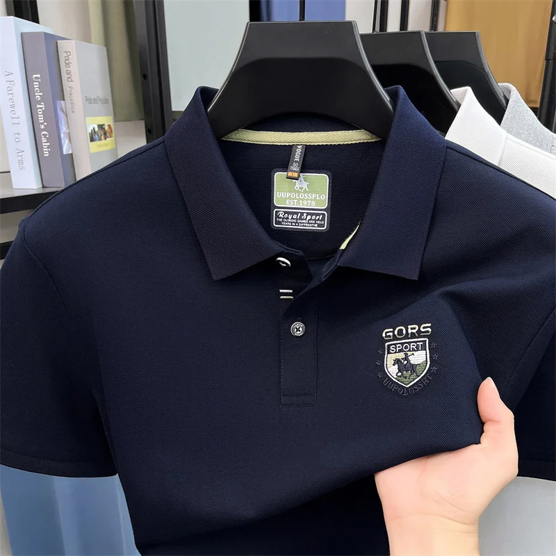 Men's Polo Shirt Short Sleeve Embroidered Pique Knit White Light Gray Breathable Casual Business Classic Summer Men's Clothing - Image 2