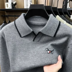Men's Luxury Brand Embroidery Print Polo Shirt Autumn New Fashion Solid Color Long Sleeve Lapel Knit T-shirt Business Men's Wear