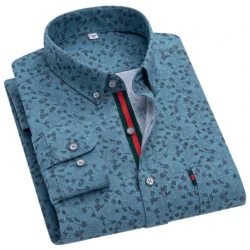 Men's Stylish Floral Print Button-Up Collar Dress Shirt with Stripe Placket, Holiday Style 100% Cotton Long Sleeve Oxford Shirts