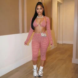 Hanging neck suspender striped slim fit cropped pants long sleeved spicy girl style set