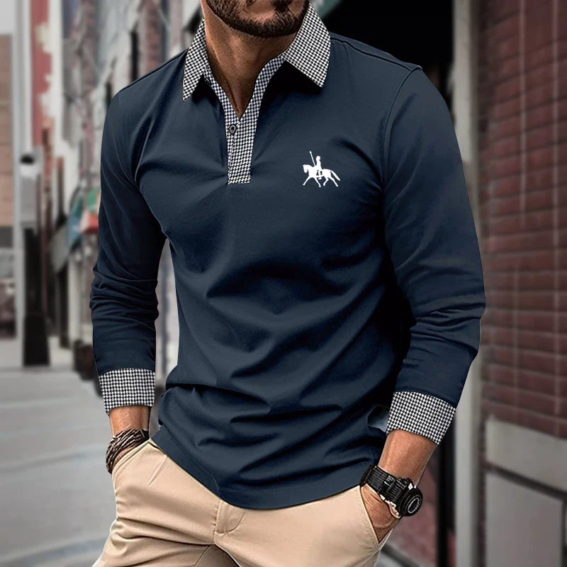 Men's Houndstooth Patchwork Long Sleeve Polo Shirt Classic Casual Business Tops Breathable Lightweight Knitwear for Spring Fall - Image 2