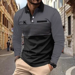 Men's Spring and Autumn Long-sleeved Lapel Striped Men's POLO Loose Breathable Sports Top