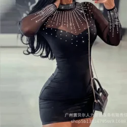 Rhinestone Sheer Mesh Bodycon Dress Women Patchwork Sexy Dress Slim Fit Half High Collar Mini Dresses Party Club Vestidos