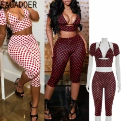 FAGADOER Sexy Woman 3 Piece Set Outfit Polka Dot Print Patchwork Short Sleeve Crop Top and