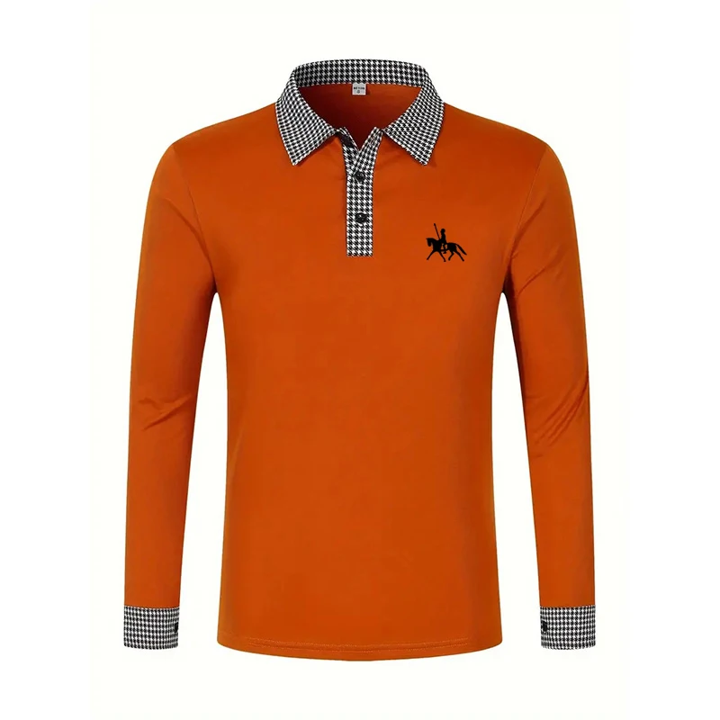 Men's Houndstooth Patchwork Long Sleeve Polo Shirt Classic Casual Business Tops Breathable Lightweight Knitwear for Spring Fall - Image 8