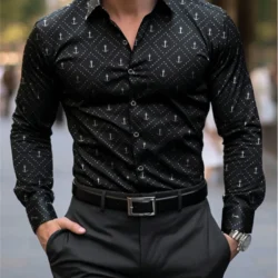 Men's High-Quality Long Sleeved Lapel Button Up Shirt, Comfortable and Soft for Business and Casual Men, Printed Men's Shirt