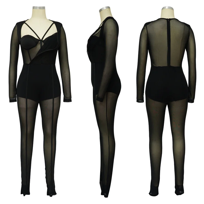 Sexy Mesh Patchwork Sheer Night Club Bodycon Jumpsuit for Women See Through One Piece Rompers Clubwear Party Birthday Outfits - Image 6