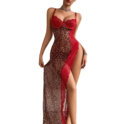 European and American Cross border 2026 Fashion High slit Strap Splicing Leopard Pattern