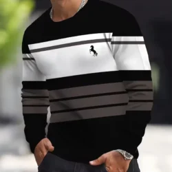 New Long Sleeved T-shirt Men's Stripe Printed Round Neck Long Sleeved T-shirt Autumn Trendy Daily Casual Street Men's Clothing
