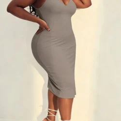 Plus Size Autumn Solid Casual Dress Women's Adjustable Suspender V Neck Slight Stretch Sexy Short Dress