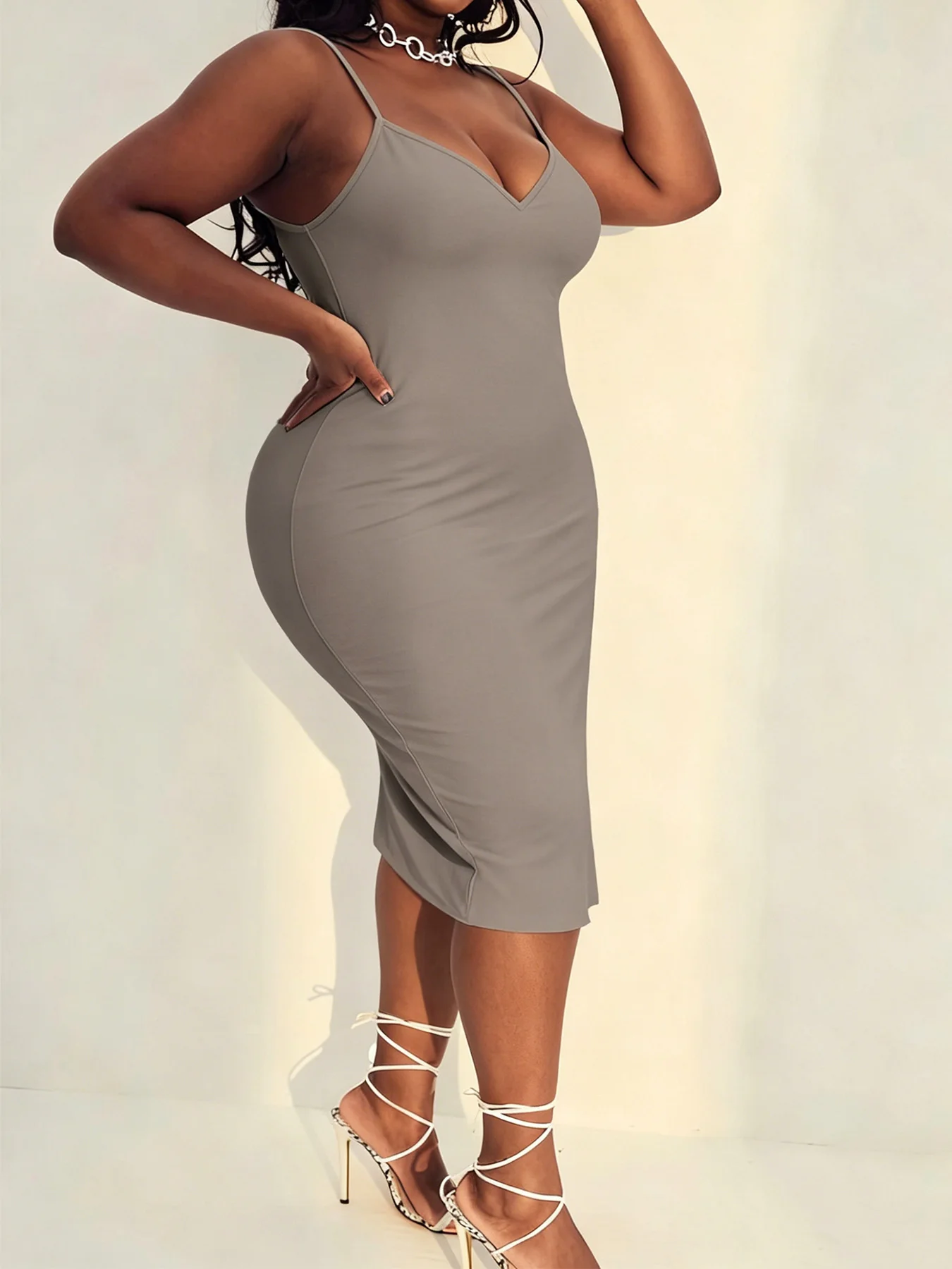 Plus Size Autumn Solid Casual Dress Women's Adjustable Suspender V Neck Slight Stretch Sexy Short Dress