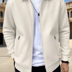 2026 New Spring Autumn Men Solid Color Zip Up Jacket Long Sleeve Pocket Casual Loose Coat Fashion Daily Wear Male Outerwear