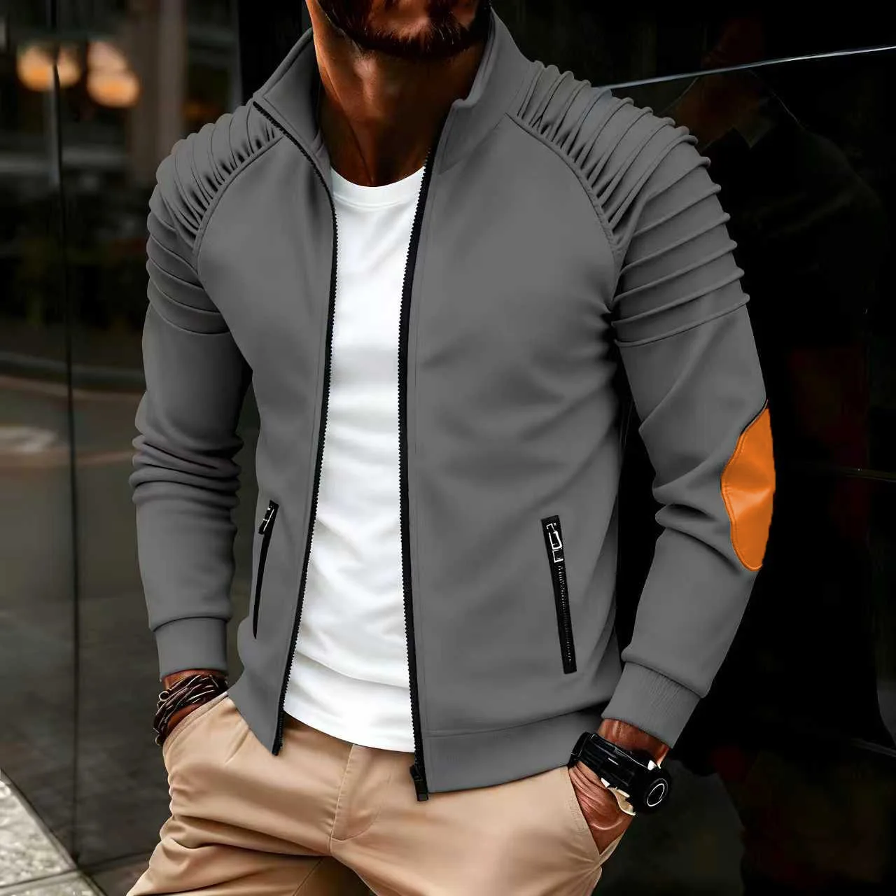 Spring / Autumn New Sports Casual Men Jacket Men's Stand Pleats Slim Stripe Fit Jacket Zipper Long Sleeve Coat Cardigan Coat Men - Image 3