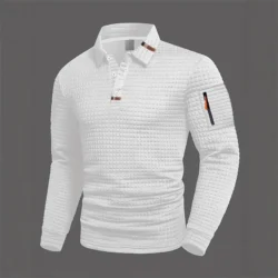 Men's long-sleeved polo shirt, available in 5 colors, suitable for spring and autumn. White collar, button design, zipper detail