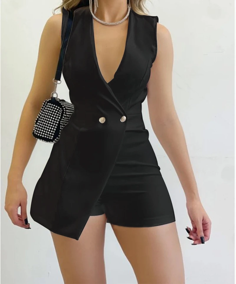 Woman Short Jumpsuit Summer 2024 Solid Color Sleeveless Slim Fit Sexy Fashion Elegant High Waist Office Jump Suit for Female - Image 4