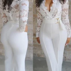White Jumpsuit Women Overalls Elegant Lace Long One Piece High Waist Feather Y2k Sexy Wedding Party Night Evening Rompers