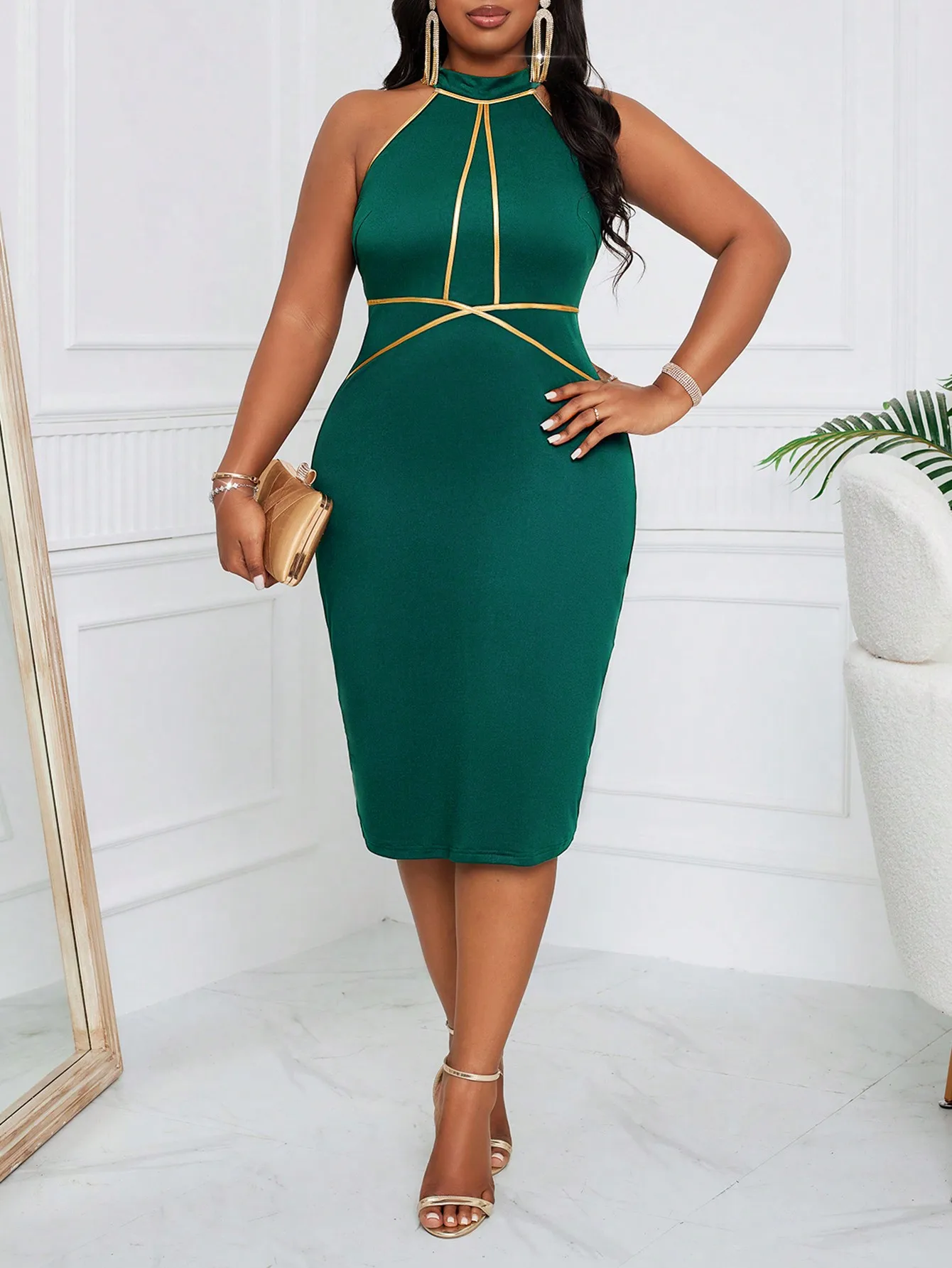 Plus Size Women's Dress Halter Neck Sleeveless Gold Trim Solid Fitted Dress Elegant Dress Spring Summer Chic Dress Party Dress - Image 3