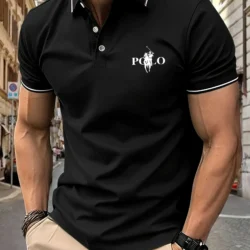 Men's Fitness Polo Shirt Summer Quick Dry Breathable Printed Short Sleeve Gym Running Sports Elastic Lapel Slim Fit Casual Tee T
