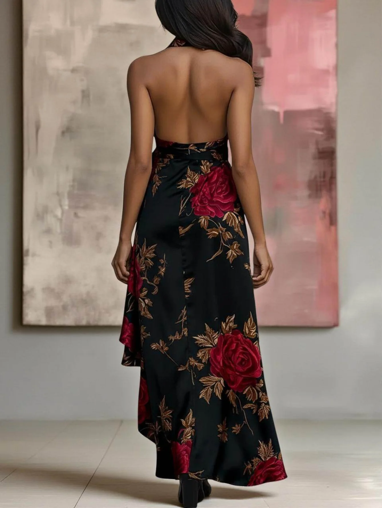 Women's Halter V Neck Sleeveless Maxi Dress Floral Print Wrap Design High Low Split Ruffle Hem Slim Ladies Dress - Image 3