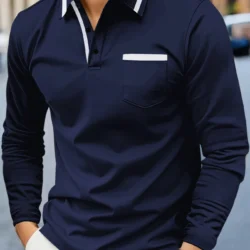 Spring and Fall Best-Selling Fashion Golf Men's Lapel Pocket Comfortable Casual Sports Solid Color Long Sleeve Breathable Top