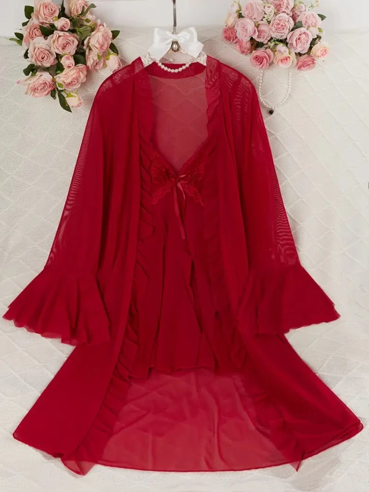 Sexy Lingerie Large-sized 200-pound Overweight Lady's Sexy Pajama Set with Suspenders Sheer Transparent Nightgown and Lace Trim - Image 6