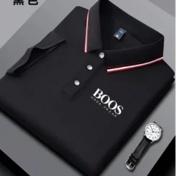 Men's business casual Polo shirt with striped collar and letter printed breathable short sleeved shirt, comfortable fabric