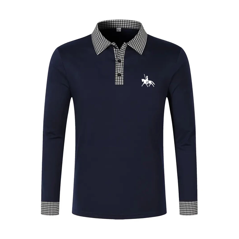 Men's Houndstooth Patchwork Long Sleeve Polo Shirt Classic Casual Business Tops Breathable Lightweight Knitwear for Spring Fall - Image 11