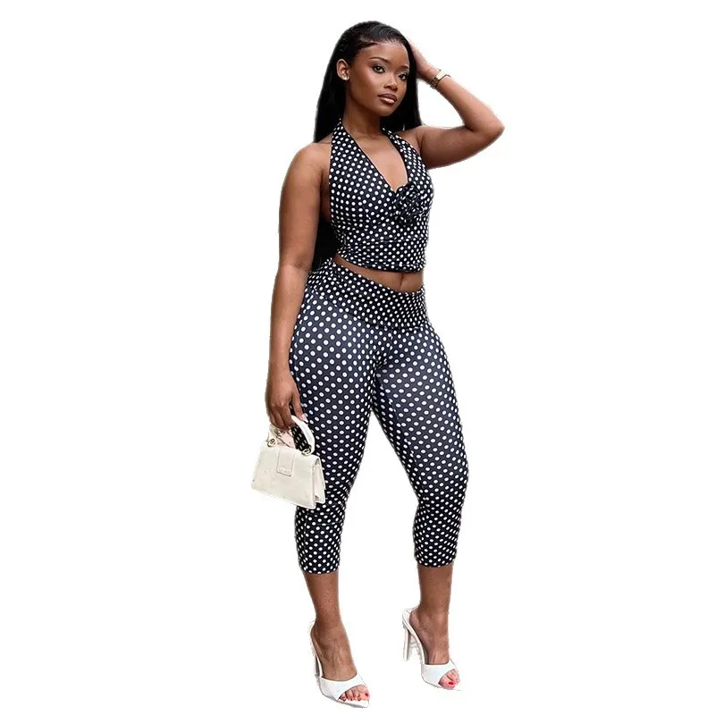 Polka Dot Print Pants Sets Women Sexy Hot Girl 3D Flowers Halter Neck Cropped Top Trousers Two Piece Set Fashion Streetwear Suit - Image 5
