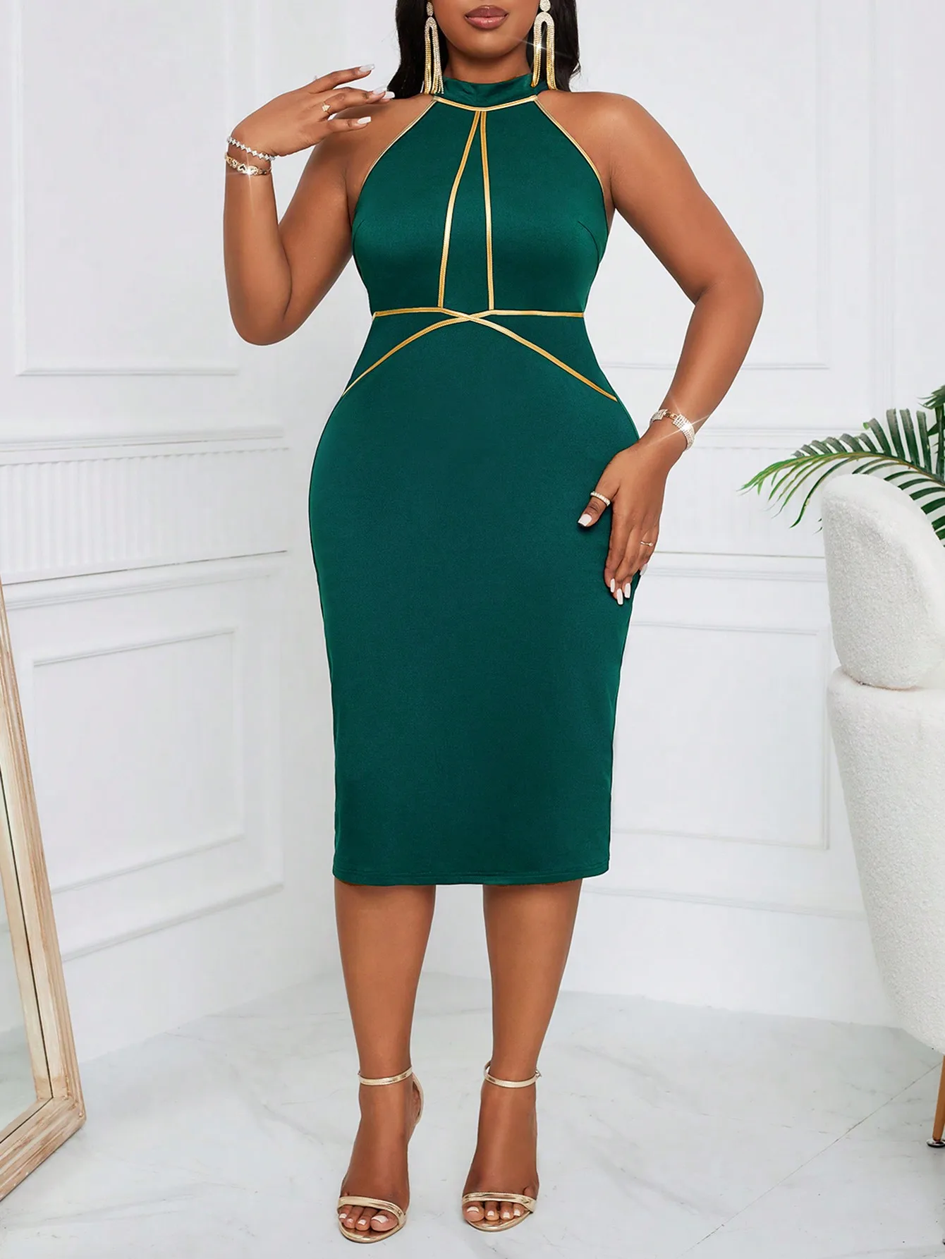 Plus Size Women's Dress Halter Neck Sleeveless Gold Trim Solid Fitted Dress Elegant Dress Spring Summer Chic Dress Party Dress - Image 5