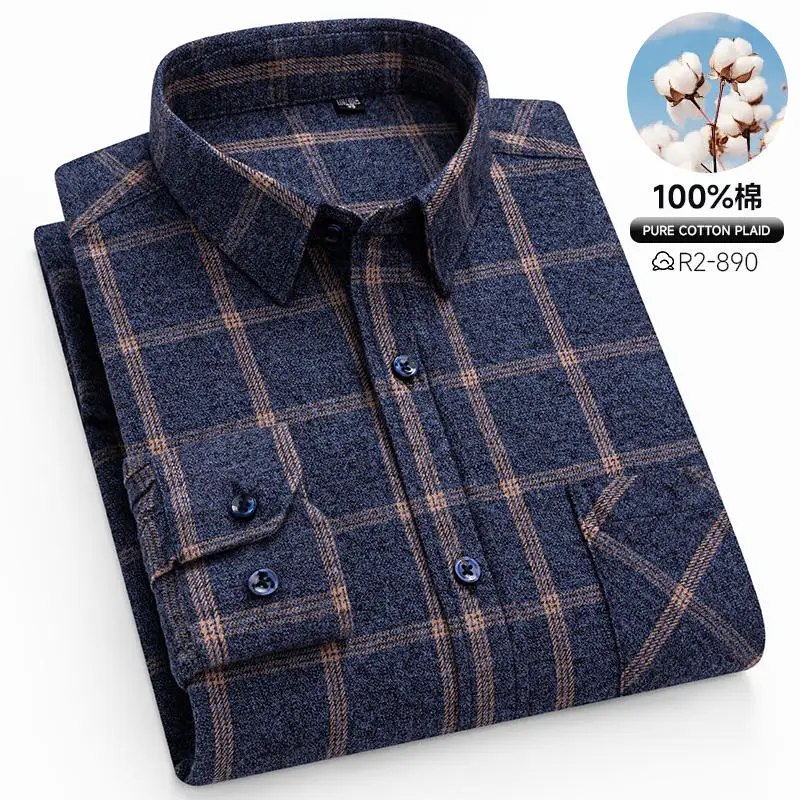 Autumn Winter Standard-Fit Thick Flannel Plaid Shirts for Men Long Sleeve Pure Cotton Shirt Patch Pocket Design Streetwear - Image 20